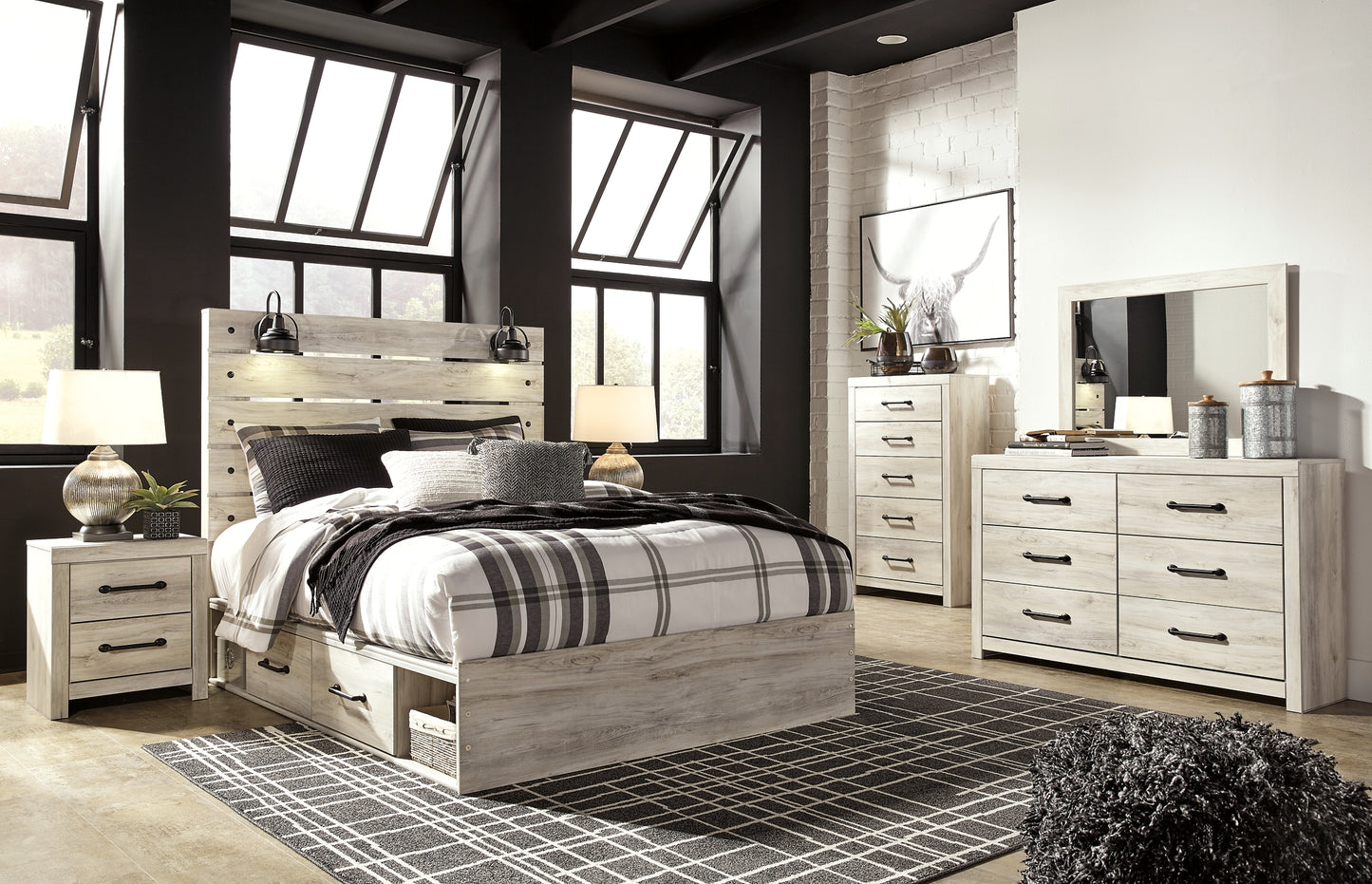 Cambeck  Panel Bed With 2 Storage Drawers With Mirrored Dresser, Chest And 2 Nightstands