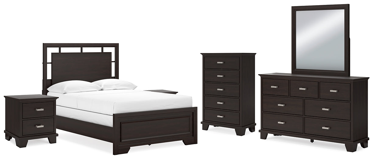 Covetown Full Panel Bed with Mirrored Dresser, Chest and 2 Nightstands