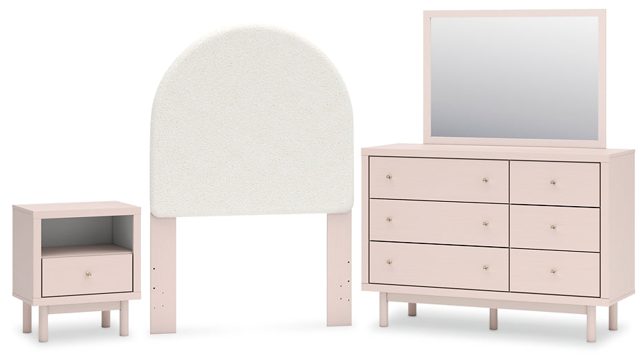 Wistenpine Twin Upholstered Panel Headboard with Mirrored Dresser and Nightstand