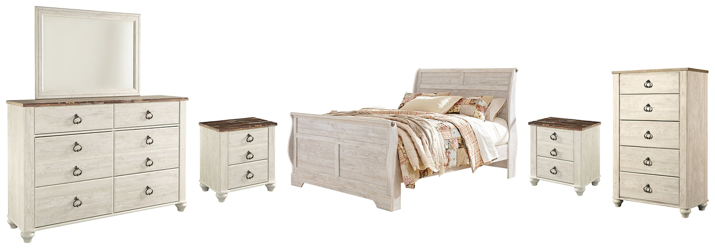 Willowton Queen Sleigh Bed with Mirrored Dresser, Chest and 2 Nightstands