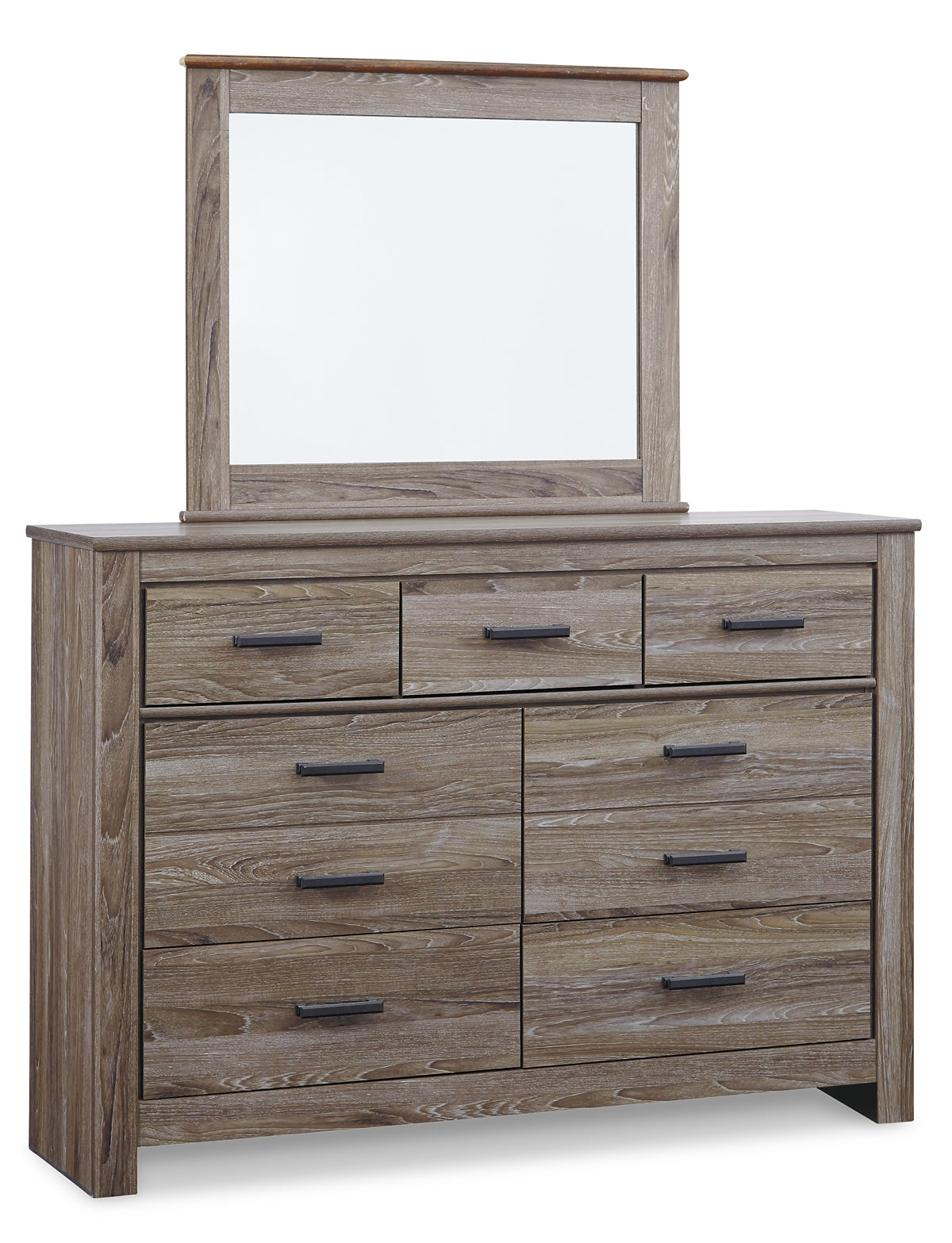 Zelen King Panel Bed with Mirrored Dresser and 2 Nightstands