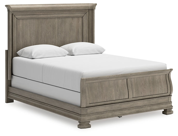 Lexorne Queen Sleigh Bed with Mirrored Dresser and 2 Nightstands